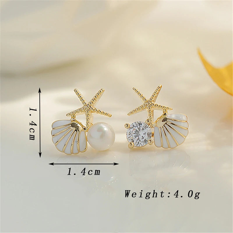 Starfish Pearl Stud Earrings - Asymmetric Shell Design