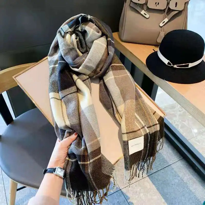 Luxury Plaid Cashmere Scarf - Winter Warm Shawl & Wrap