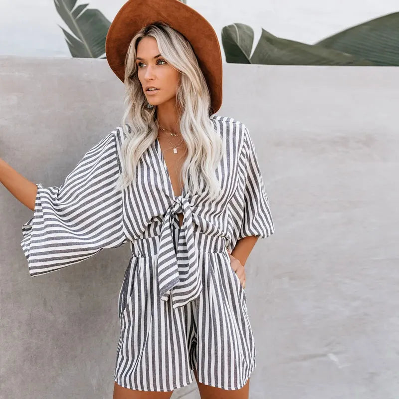 Women's Leopard Print Wide Leg Romper with Bow Detail