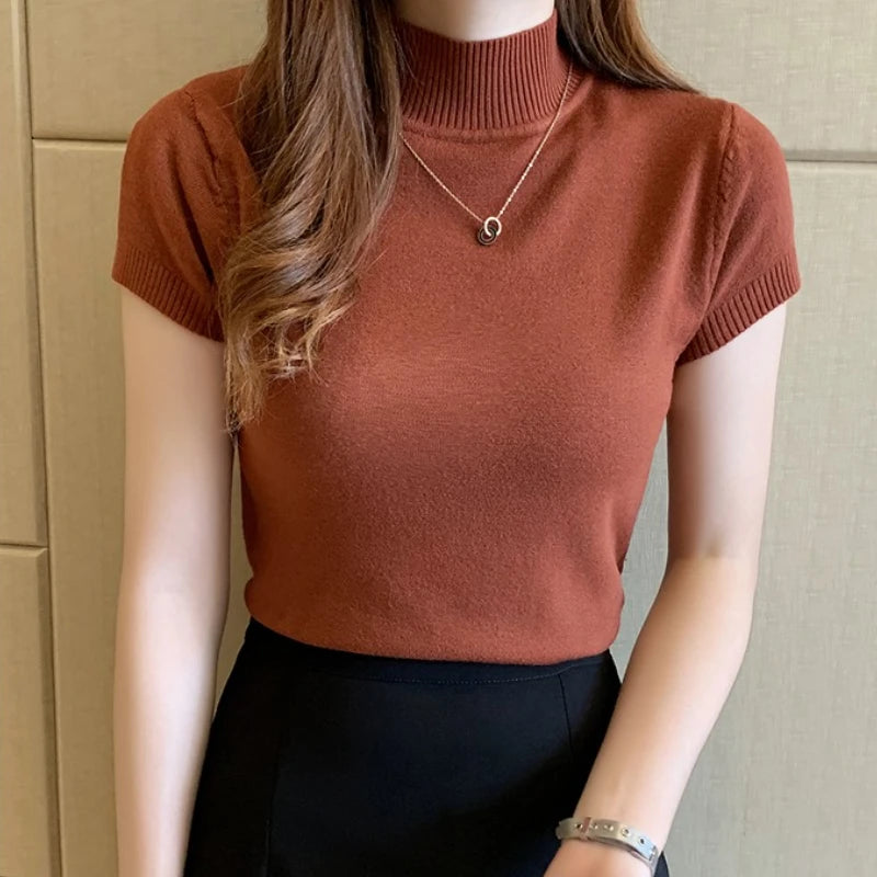 Half-High Neck T-Shirt - Korean Fashion Casual Jumper