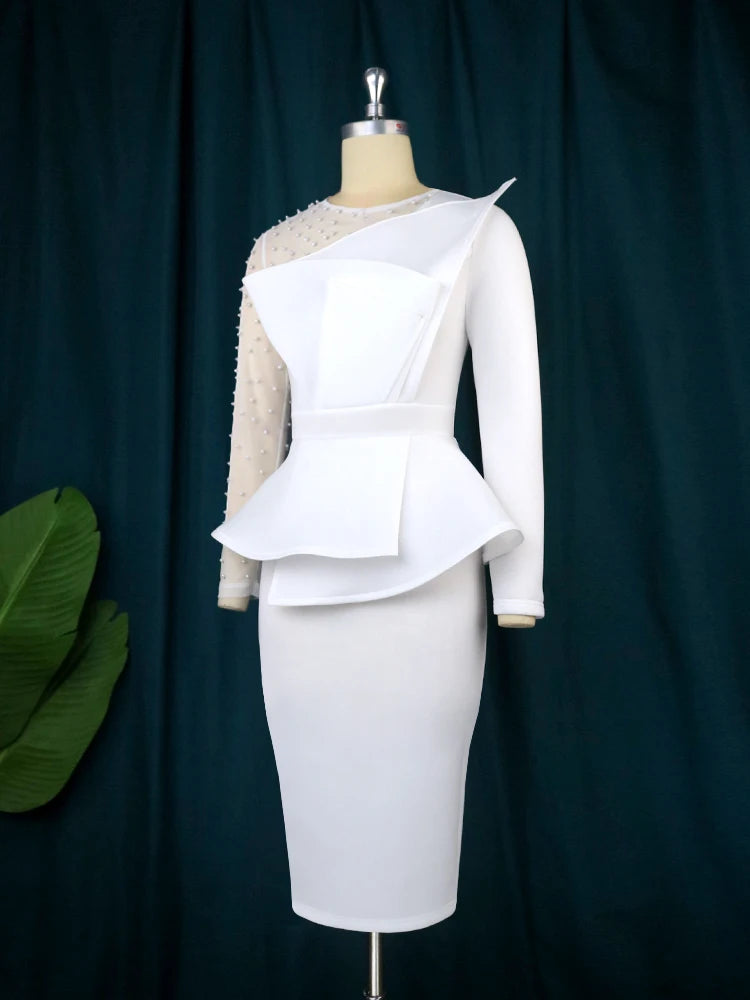Elegant Beaded Peplum Bodycon Dress - Long Sleeve Cocktail Evening Dress