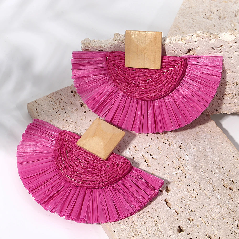 Handmade Raffia Drop Earrings - Colorful Fan-Shaped Summer Jewelry