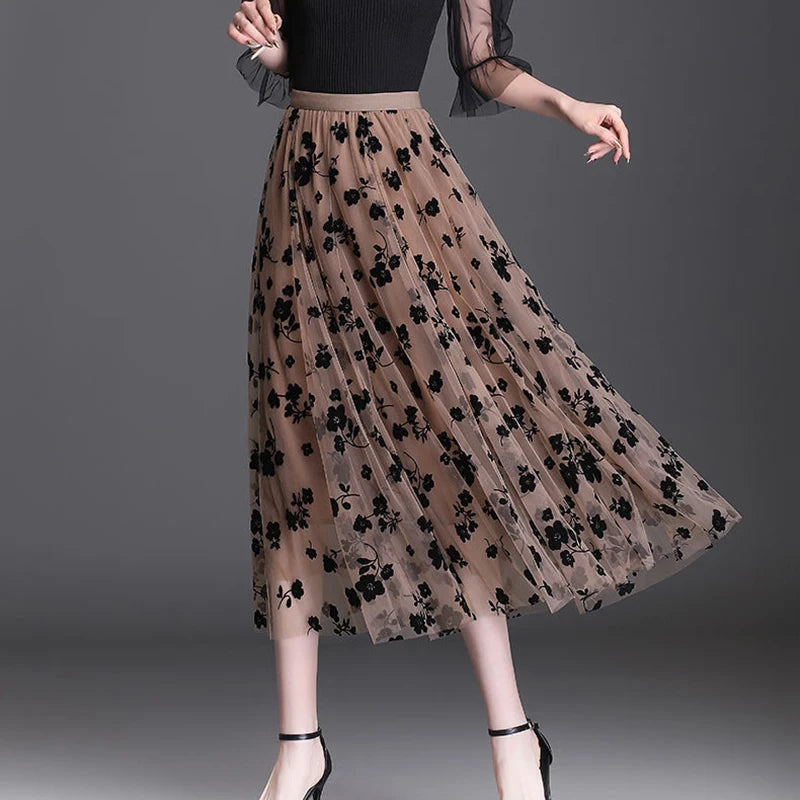 Korean Style Tulle Midi Skirt - Floral Mesh Fashion Skirt