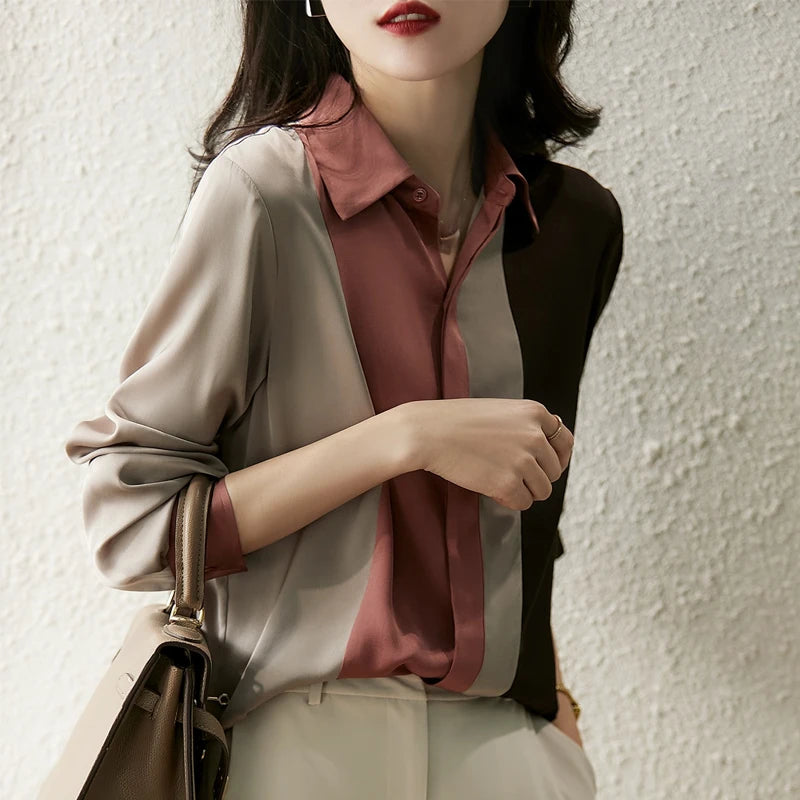 Satin Button Blouse - Vintage Long Sleeve Polo Collar Shirt