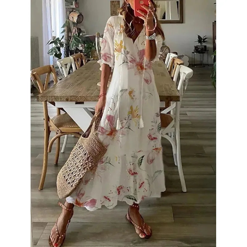 Women's Bohemian Floral Maxi Dress - V-Neck Half Sleeve Beach Dress