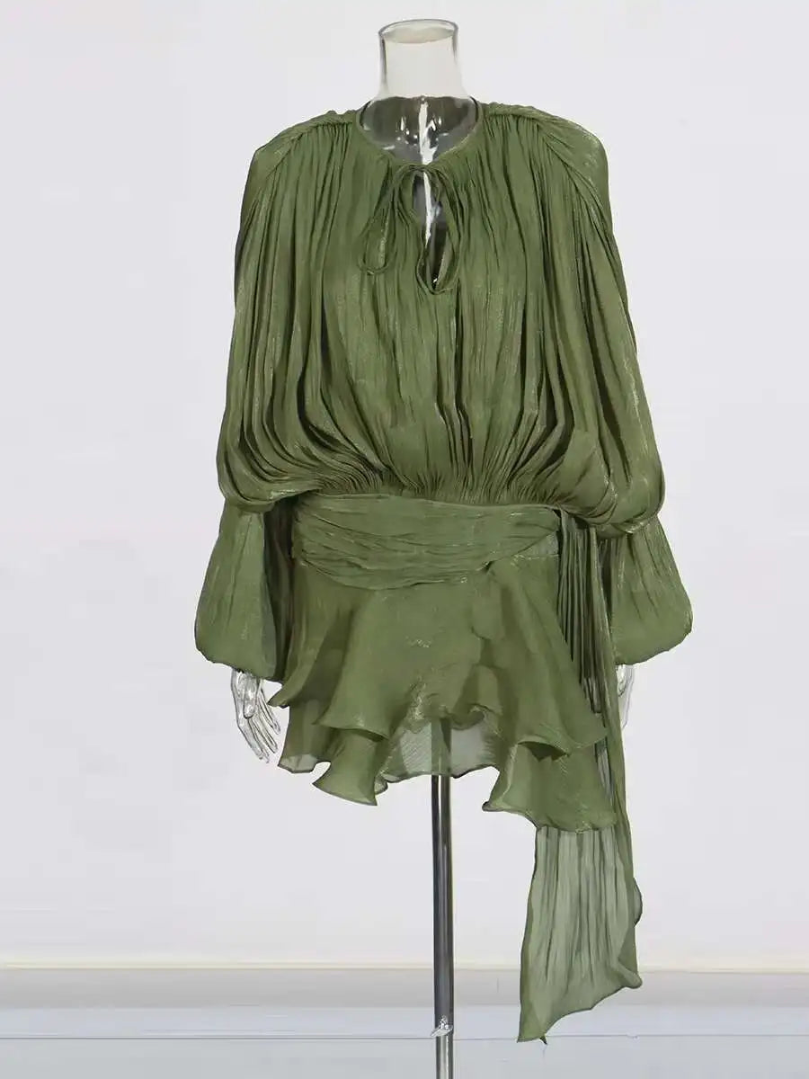 Women's V-Neck Mini Dress with Long Sleeves - A-Line Blouse Dress
