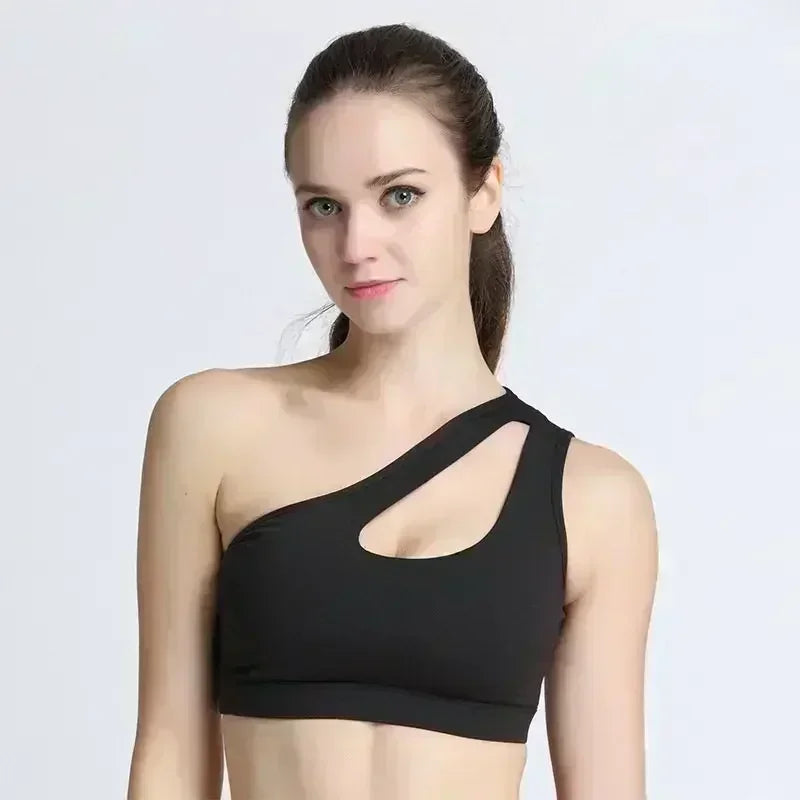 One Shoulder Sports Bra - Wireless Push-Up Athletic Top