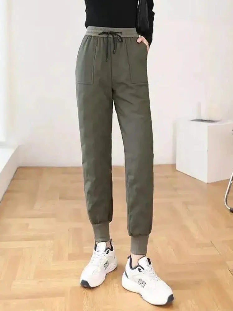 Women's High Waist Winter Pants - Warm Fleece-Lined Straight Leg Trousers