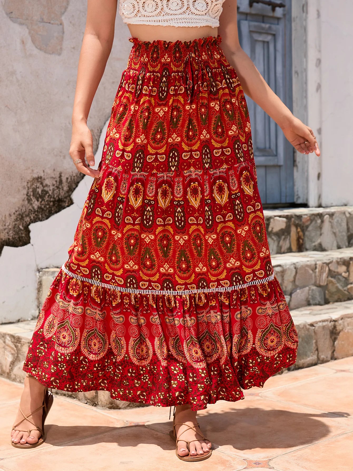 Women's Bohemian Floral Print A-Line Maxi Skirt
