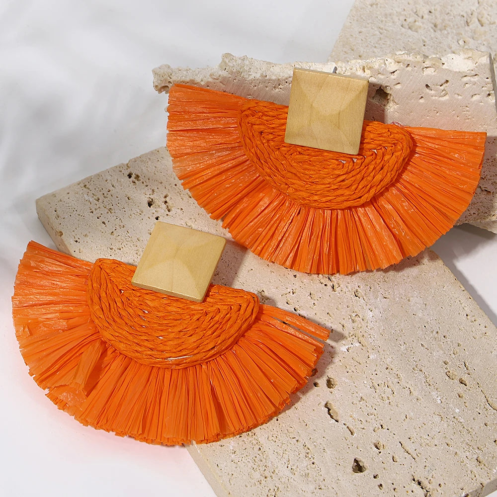 Handmade Raffia Drop Earrings - Colorful Fan-Shaped Summer Jewelry