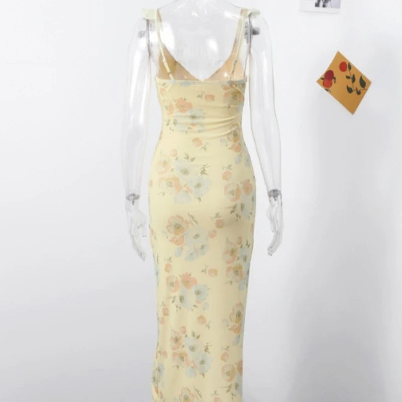 Women's Floral Print V-Neck Maxi Dress - Sleeveless Beach Vacation Dress