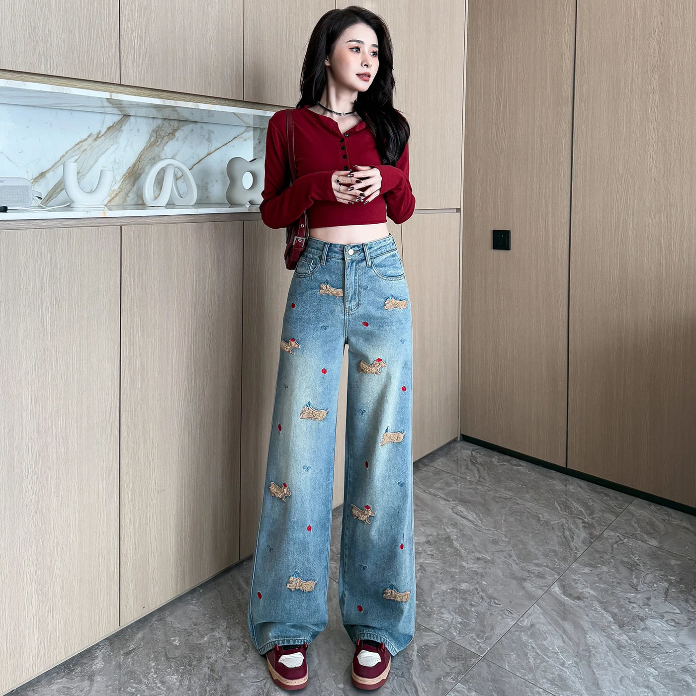 Women's Embroidered Denim Jeans - Korean Style Loose Fit