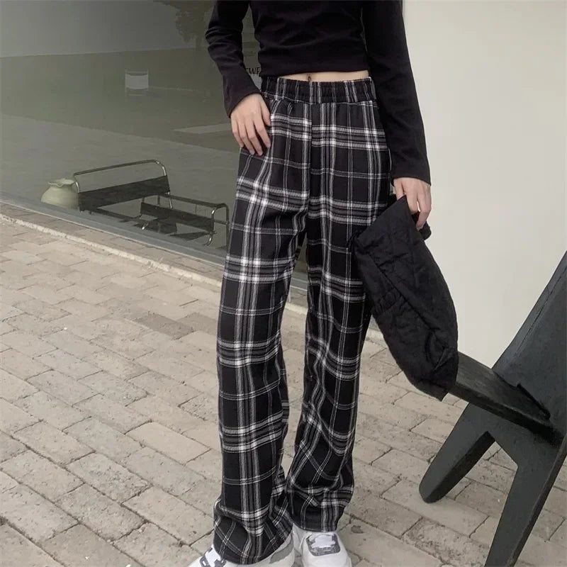 Women's High-Waisted Plaid Fleece-Lined Trousers