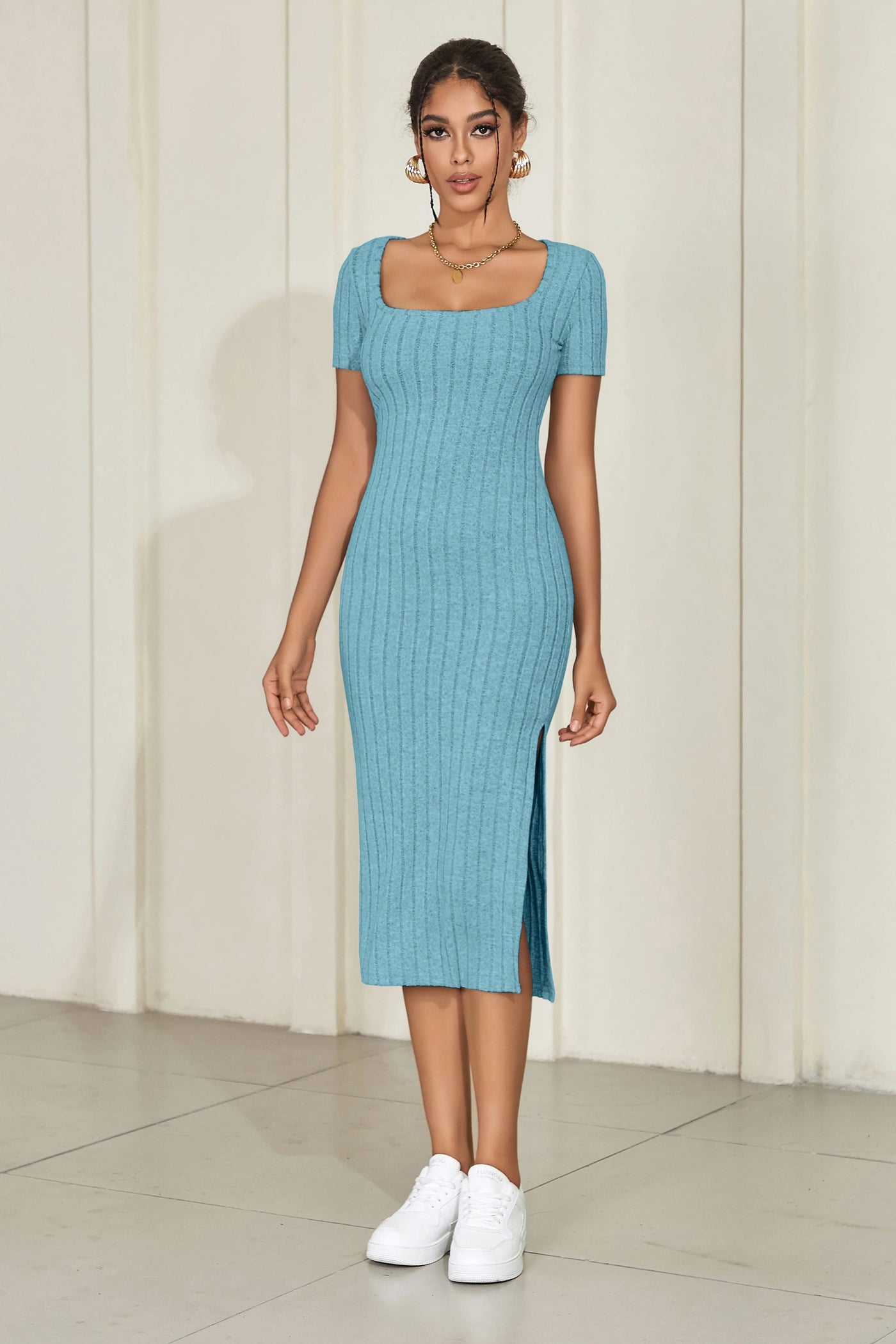 Women's Square Neck Knit Dress - Mid-Length Short Sleeve