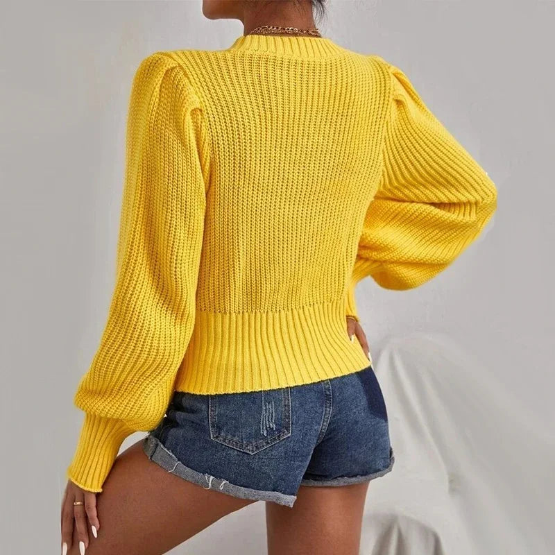 Solid Color Lantern Sleeve Sweater - Women's Warm Pullover