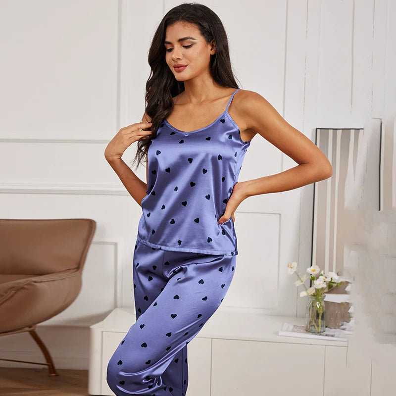 Women's Satin Pajama Set - Sleeveless Cami Top & Pants Sleepwear
