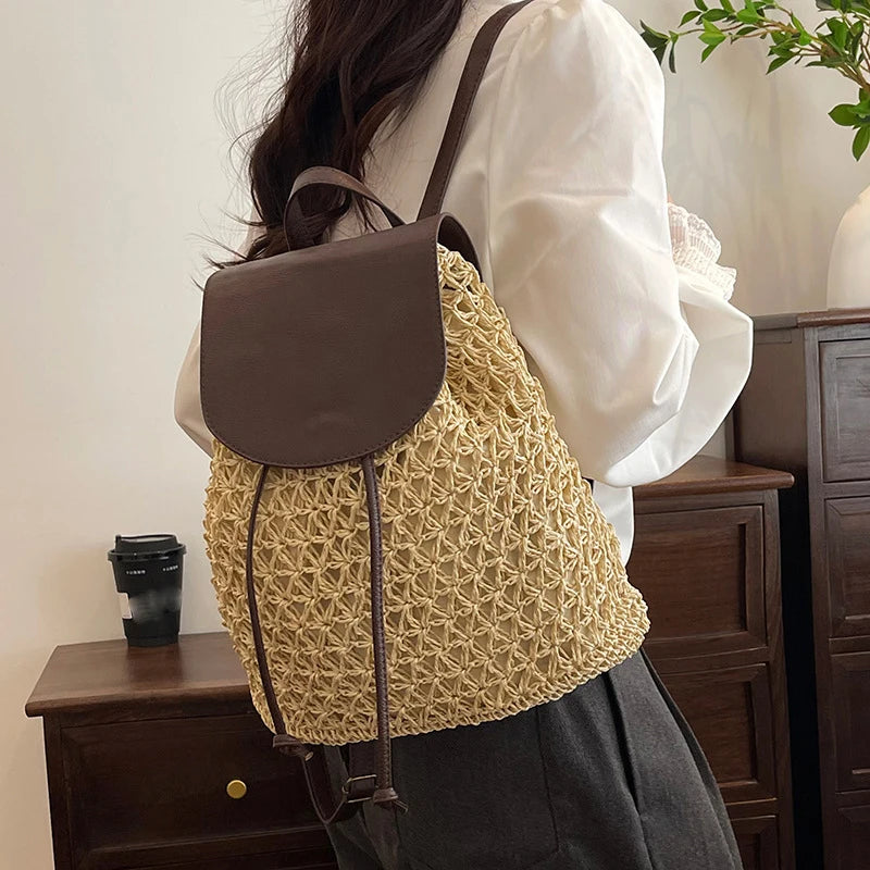 Bohemian Straw Backpack - Handwoven Summer Travel Bag