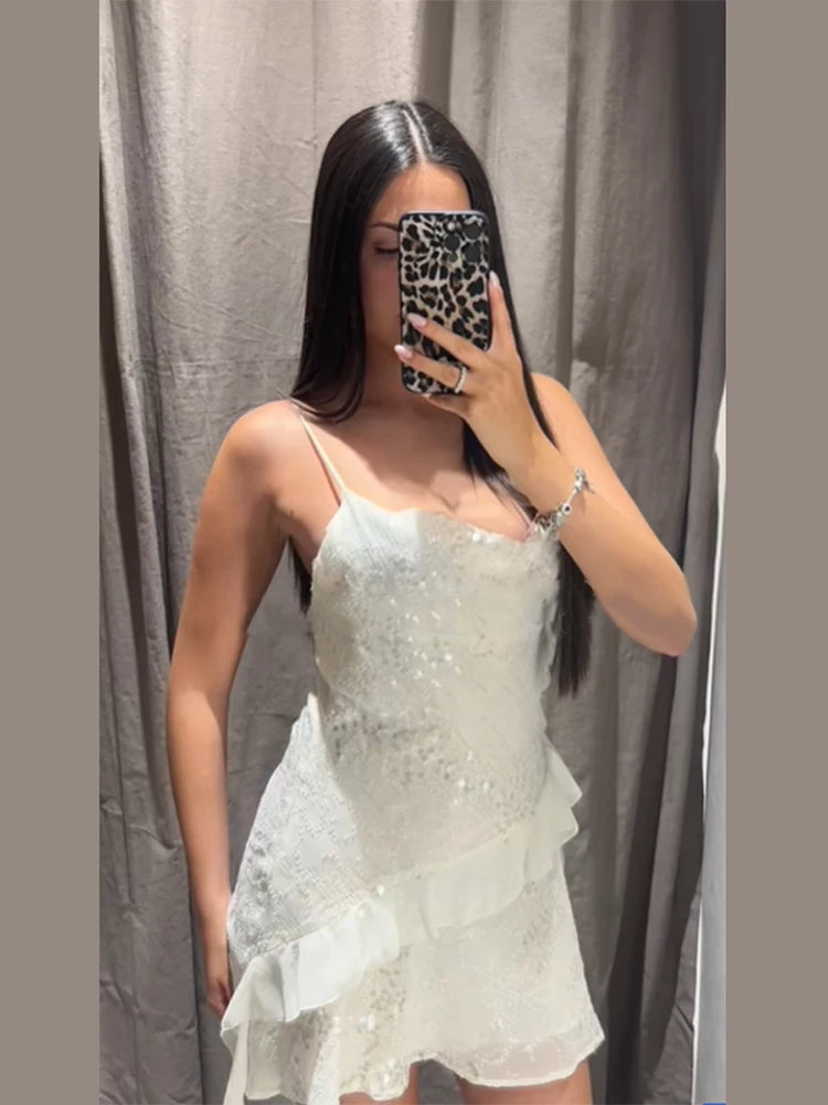 Women's Elegant White Sequin Halter Dress