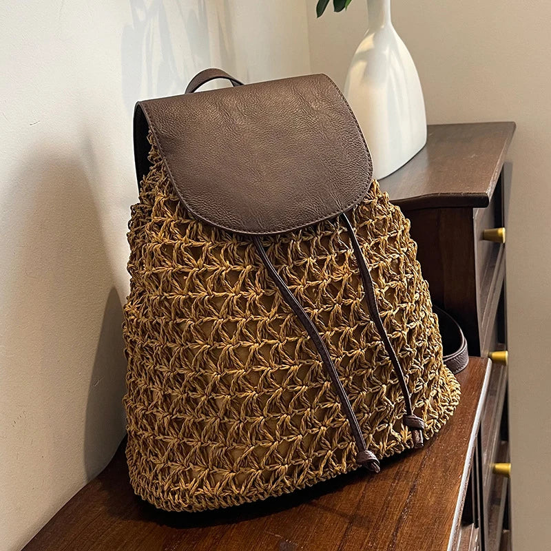 Bohemian Straw Backpack - Handwoven Summer Travel Bag