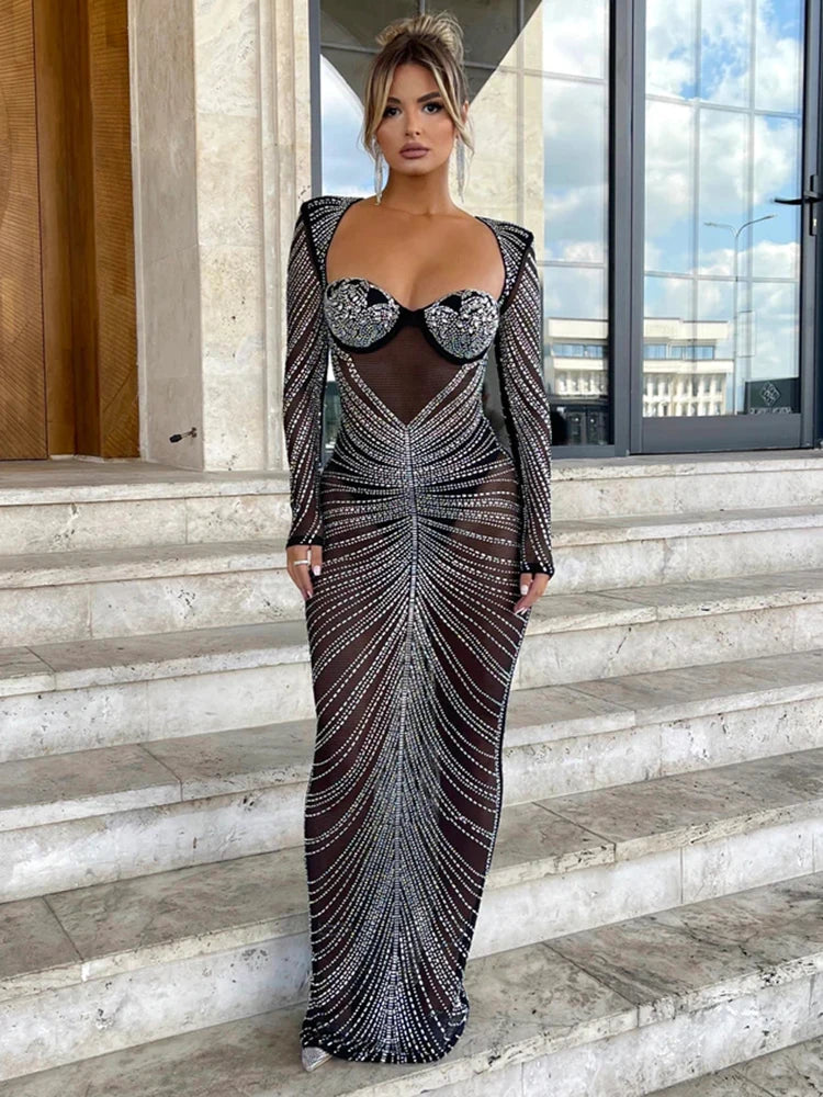 Mozision Glitter Mesh Evening Dress - Women's Full Sleeve Bodycon Maxi Dress