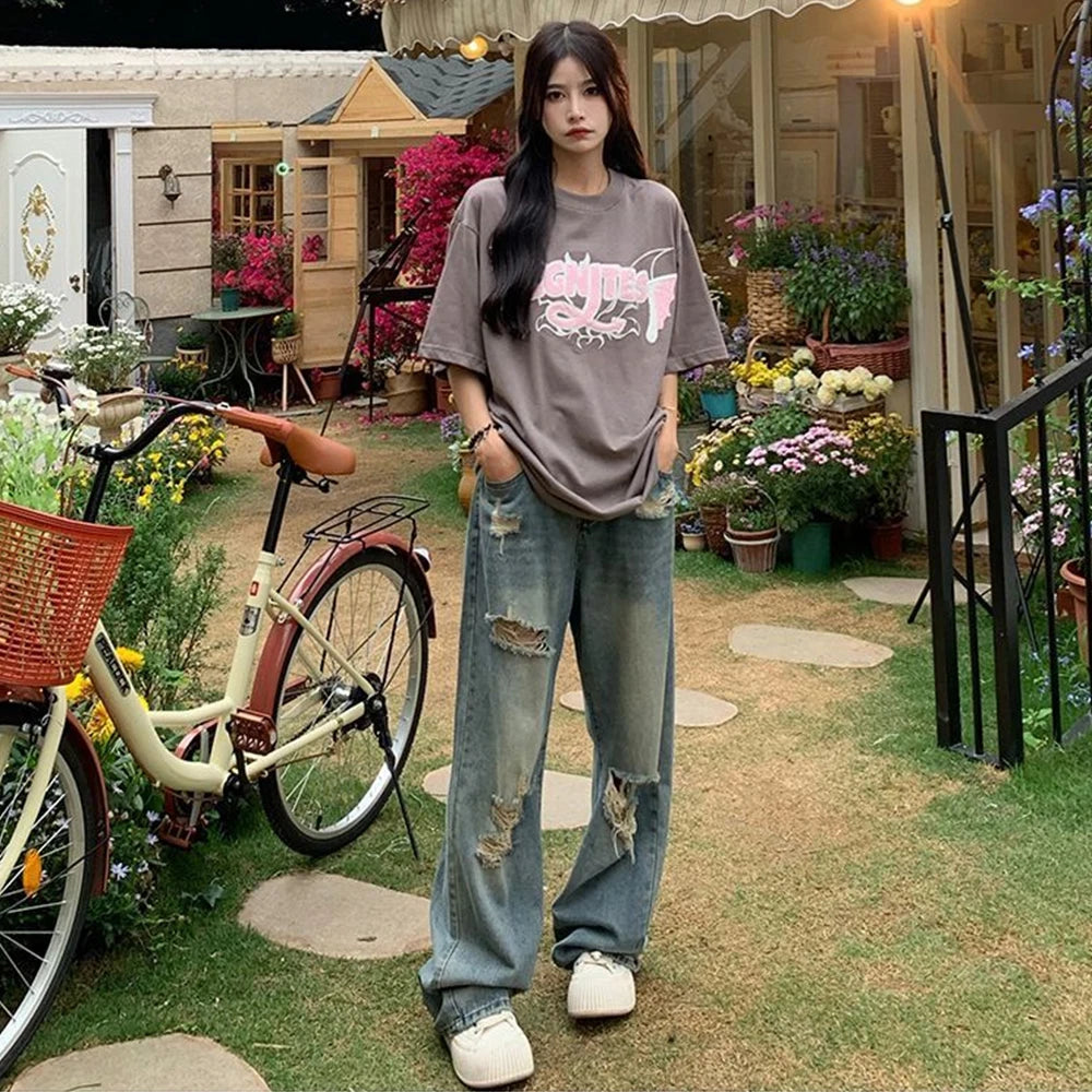 Women's High Waist Wide Leg Distressed Jeans