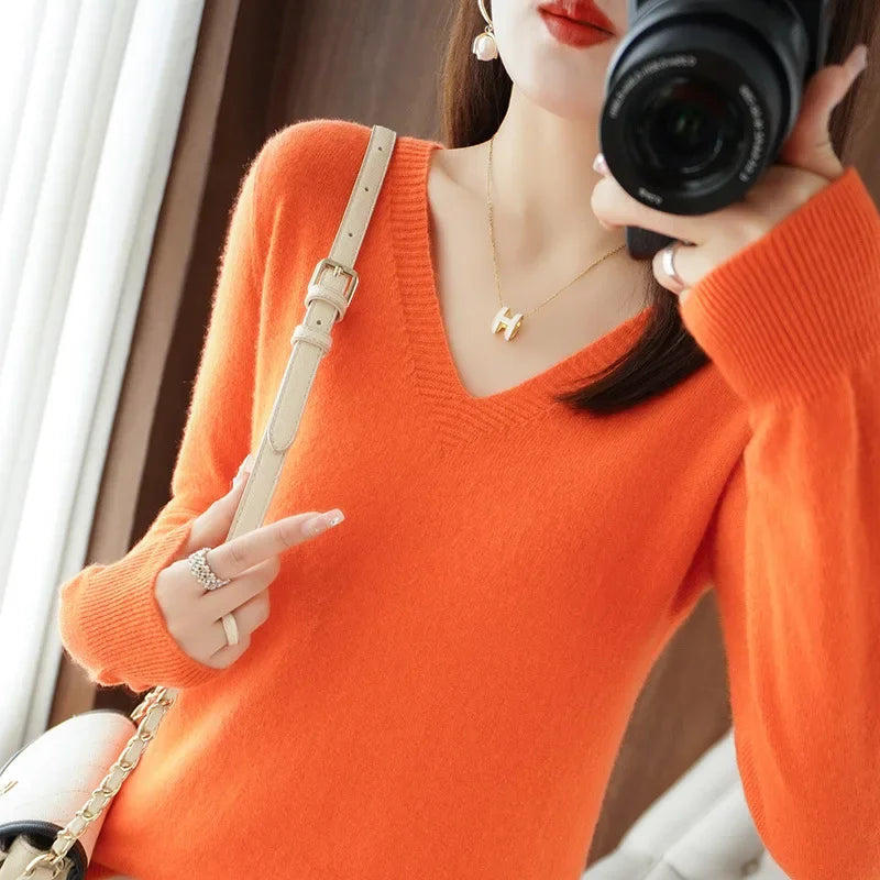 Casual V-Neck Sweater - Women's Solid Color Pullover
