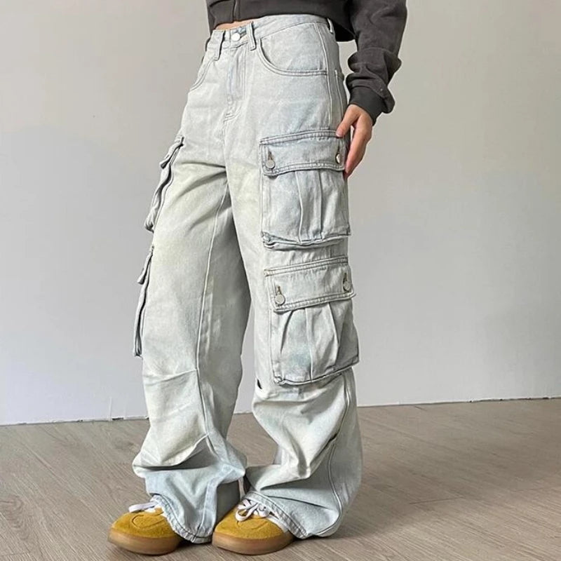 Women's High-Waisted Cargo Jeans - Wide Leg Denim Pants