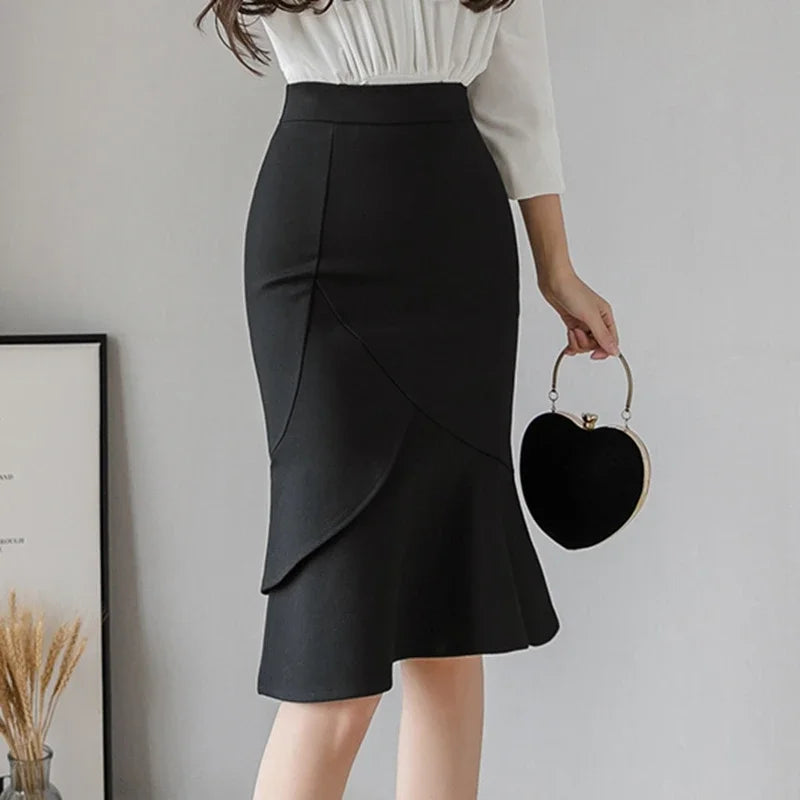 Women's High Waist Bodycon Skirt - Elegant Mid-Calf Length Office Wear
