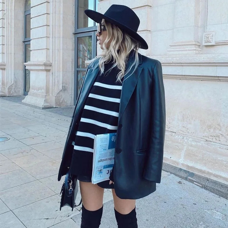 Black and White Striped Turtleneck Sweater - Women's Pullover