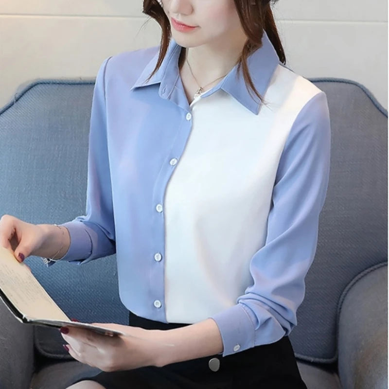 Office Lady Button Blouse - Turn-Down Collar Shirt