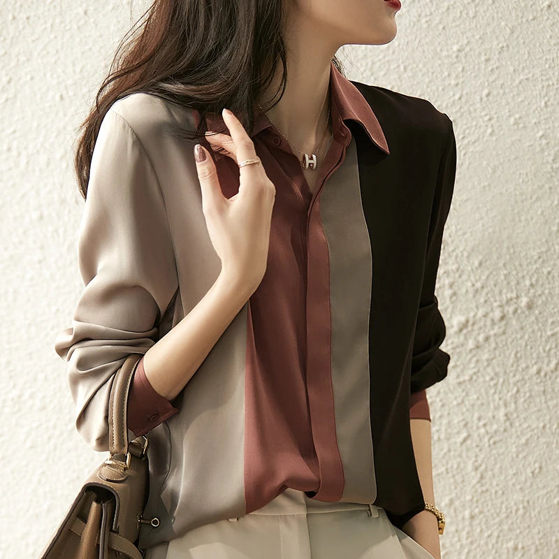 Satin Button Blouse - Vintage Long Sleeve Polo Collar Shirt