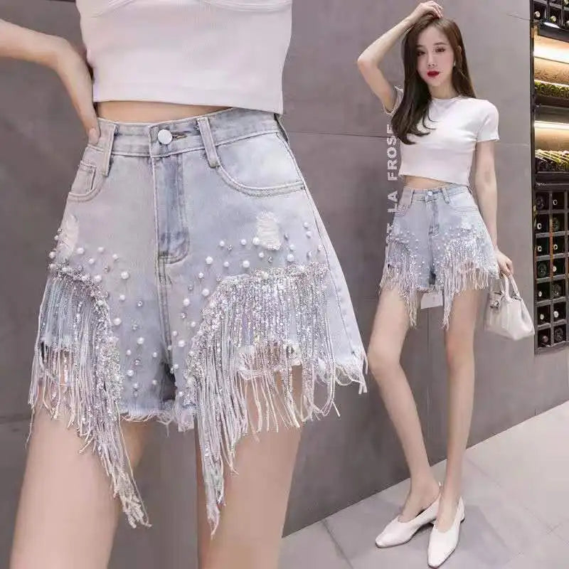 Women's High Waist Denim Skirt with Fringe Detail