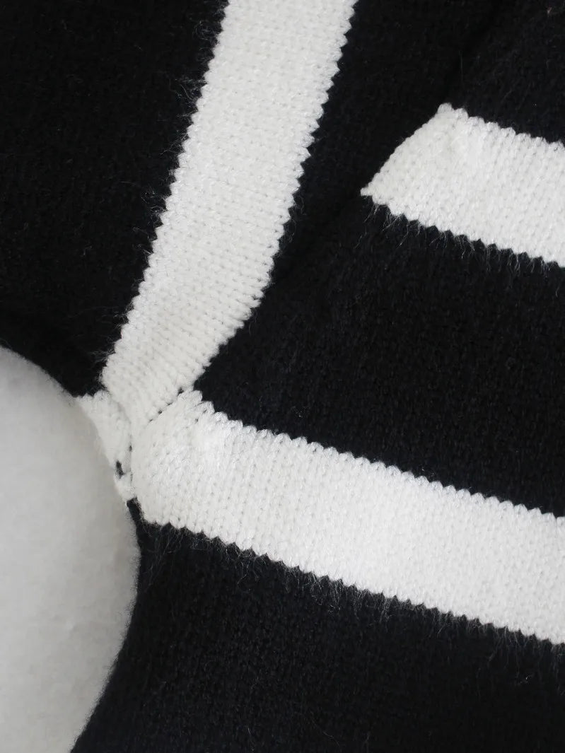 Black and White Striped Turtleneck Sweater - Women's Pullover