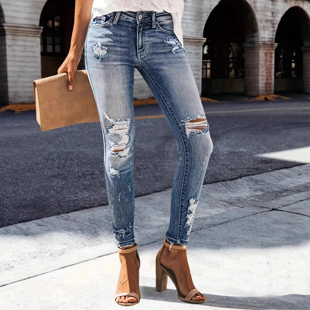 Women's Distressed Straight Leg Jeans - High Stretch Denim