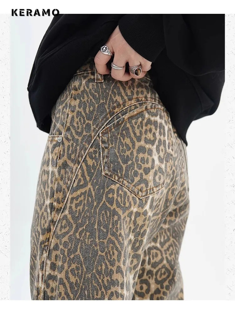 Women's High-Waist Leopard Print Wide Leg Jeans
