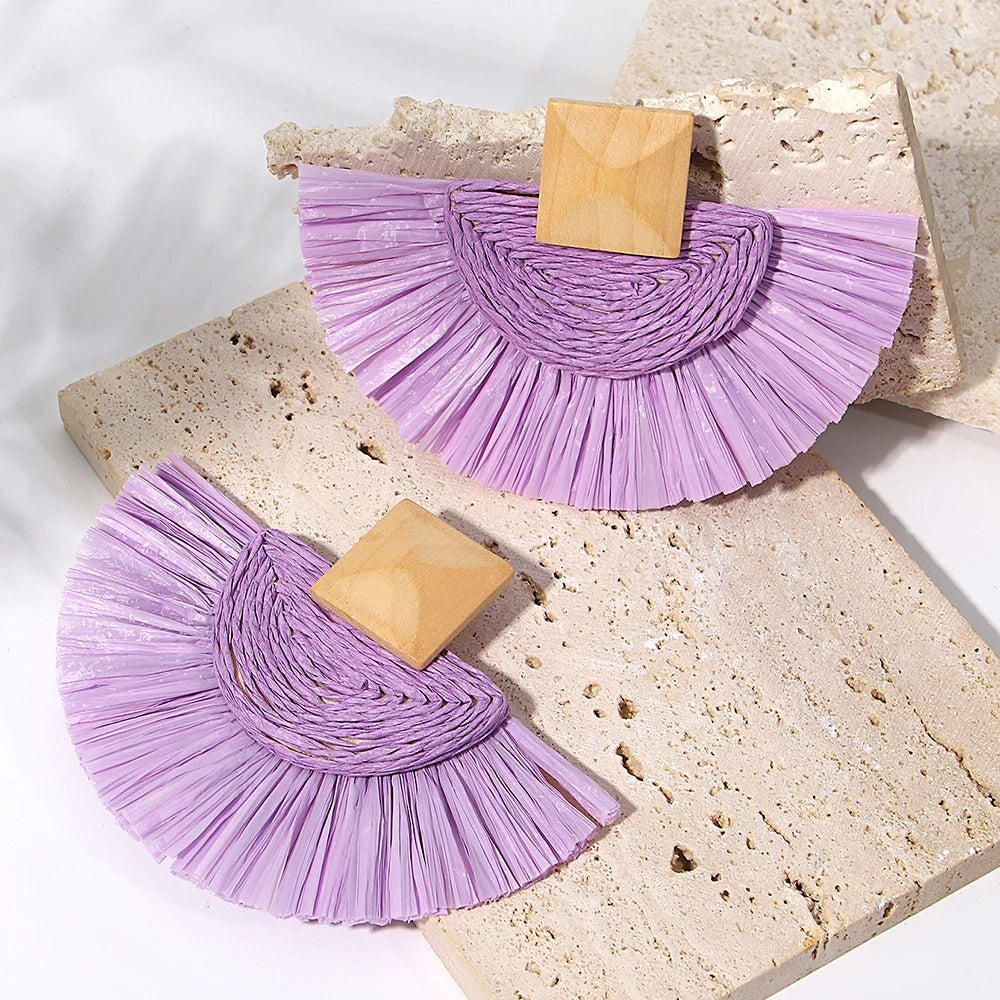 Handmade Raffia Drop Earrings - Colorful Fan-Shaped Summer Jewelry