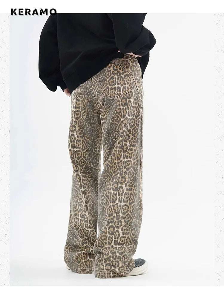 Women's High-Waist Leopard Print Wide Leg Jeans