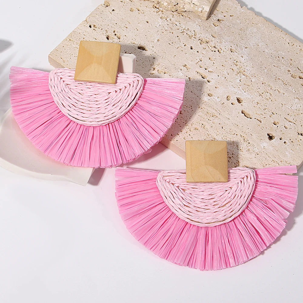 Handmade Raffia Drop Earrings - Colorful Fan-Shaped Summer Jewelry