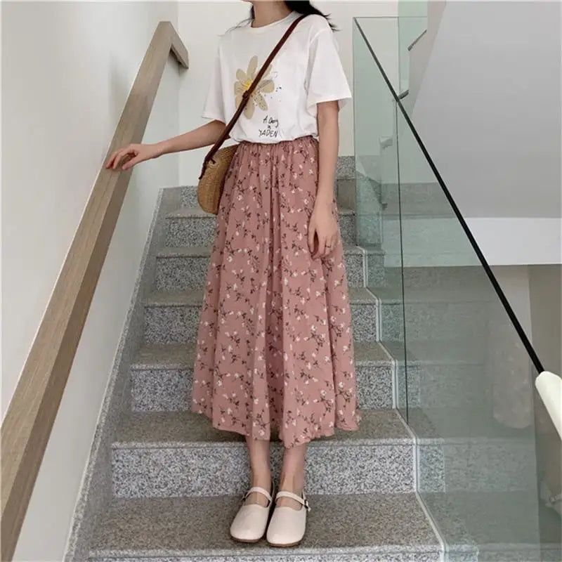 Women's Floral A-Line Midi Skirt with Elastic Waist