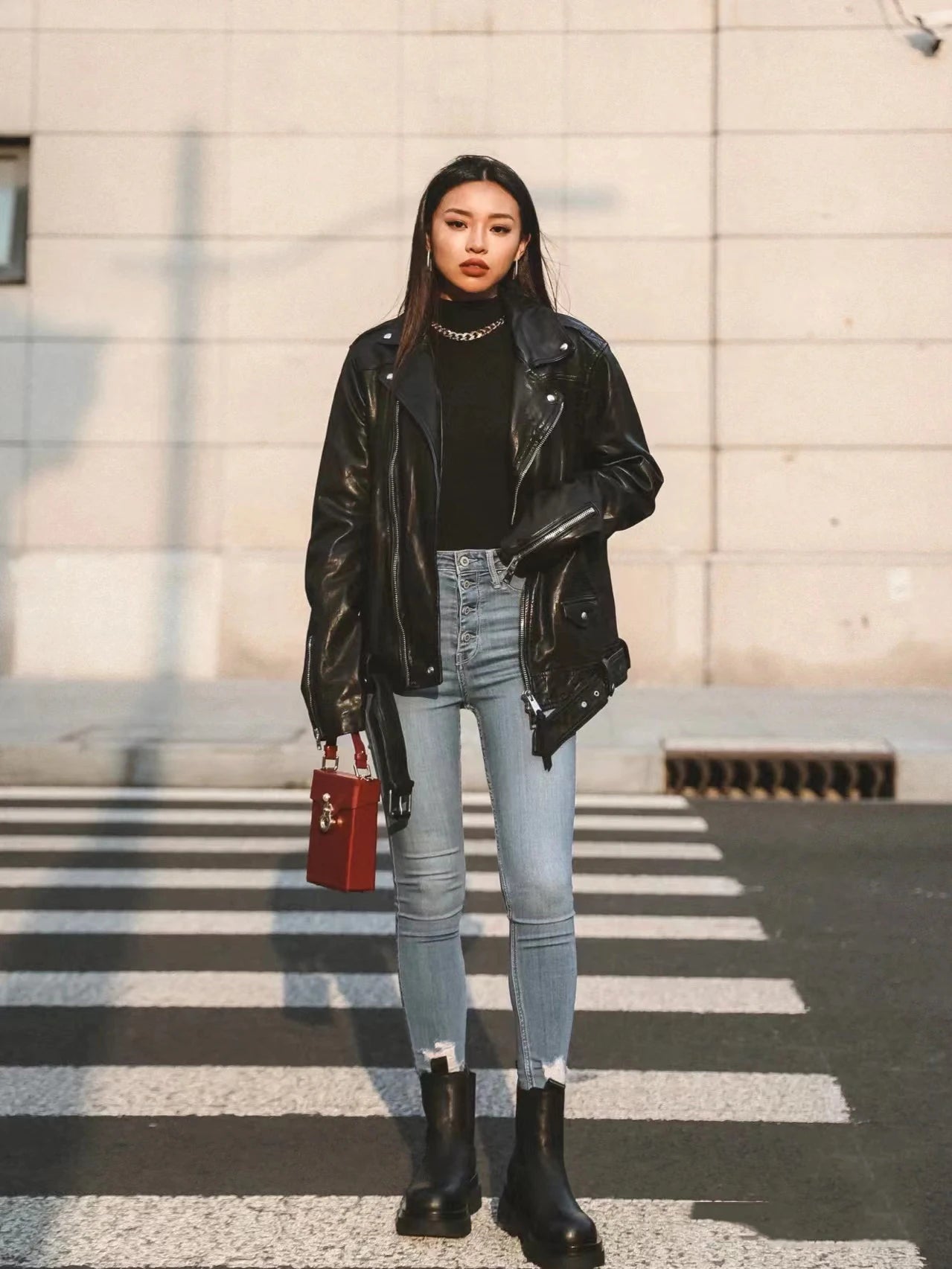 Women's Faux Leather Motorcycle Jacket - Black PU Leather Outerwear
