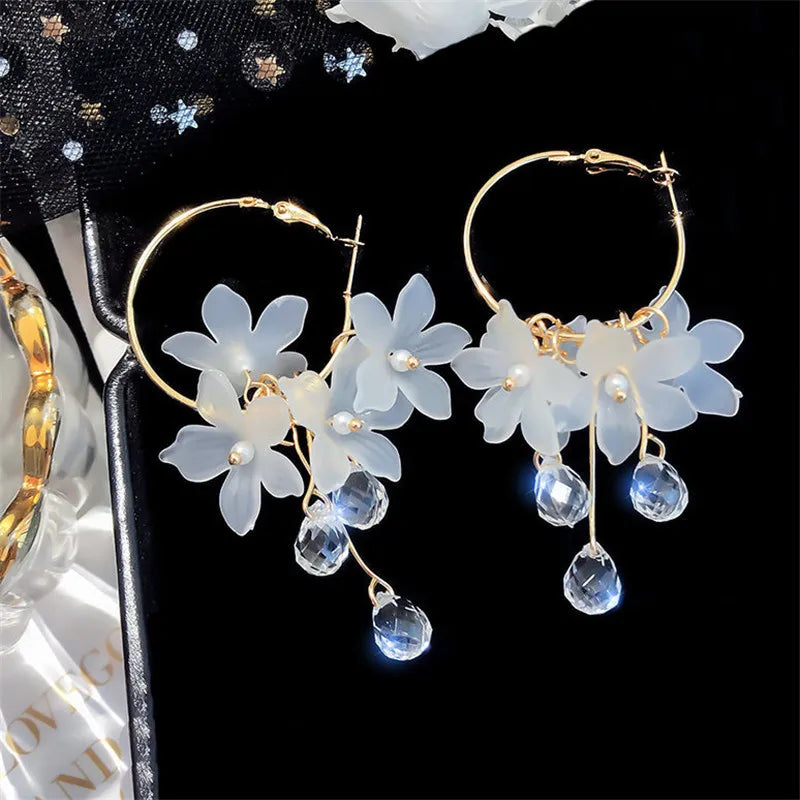 Korean Crystal Flower Drop Earrings - Elegant Tassel Earrings for Women