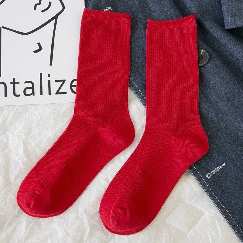 Women's Solid Color Crew Socks - Breathable Cotton Blend