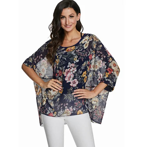 Women's Bohemian Chiffon Blouse - Plus Size Batwing Sleeve Summer Top