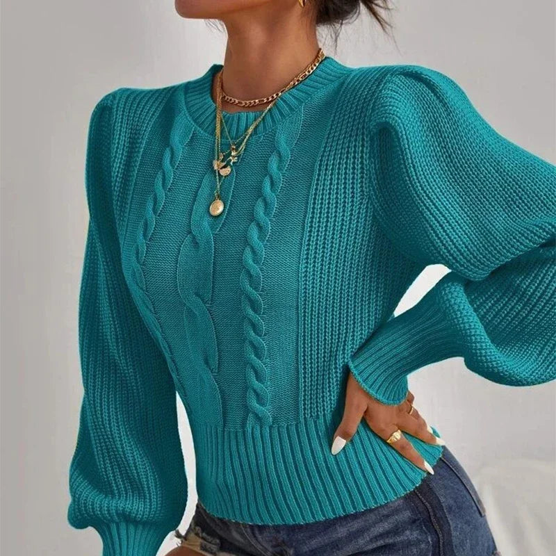 Solid Color Lantern Sleeve Sweater - Women's Warm Pullover