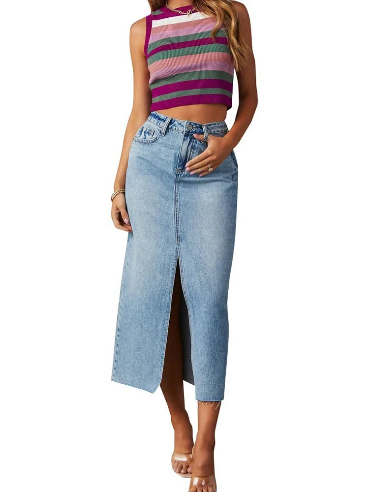 Women's High Waist A-Line Denim Midi Skirt