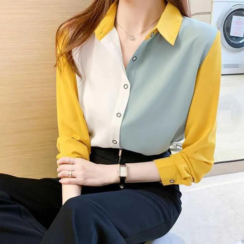 Office Lady Button Blouse - Turn-Down Collar Shirt