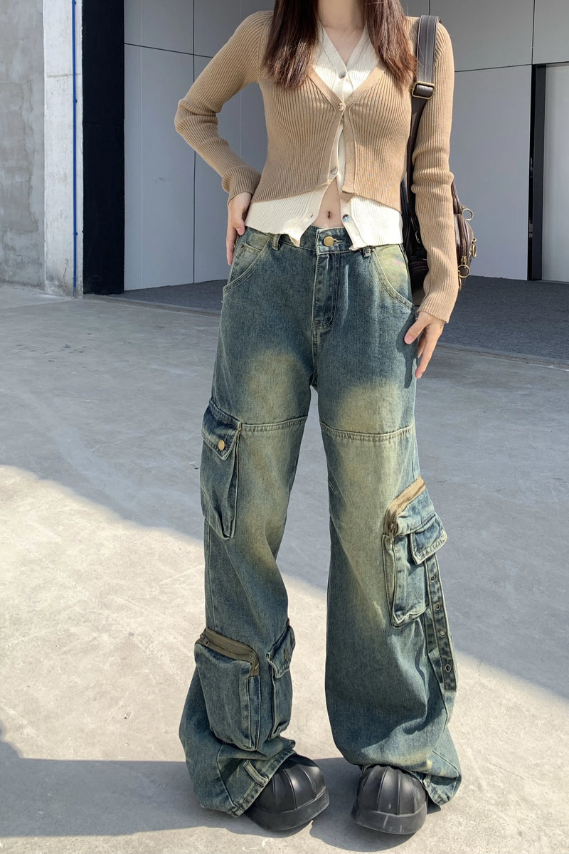 Women's High-Waisted Cargo Jeans - Wide Leg Denim Pants