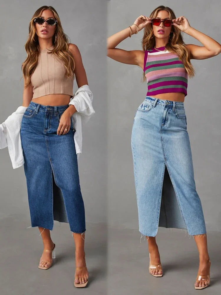 Women's High Waist A-Line Denim Midi Skirt