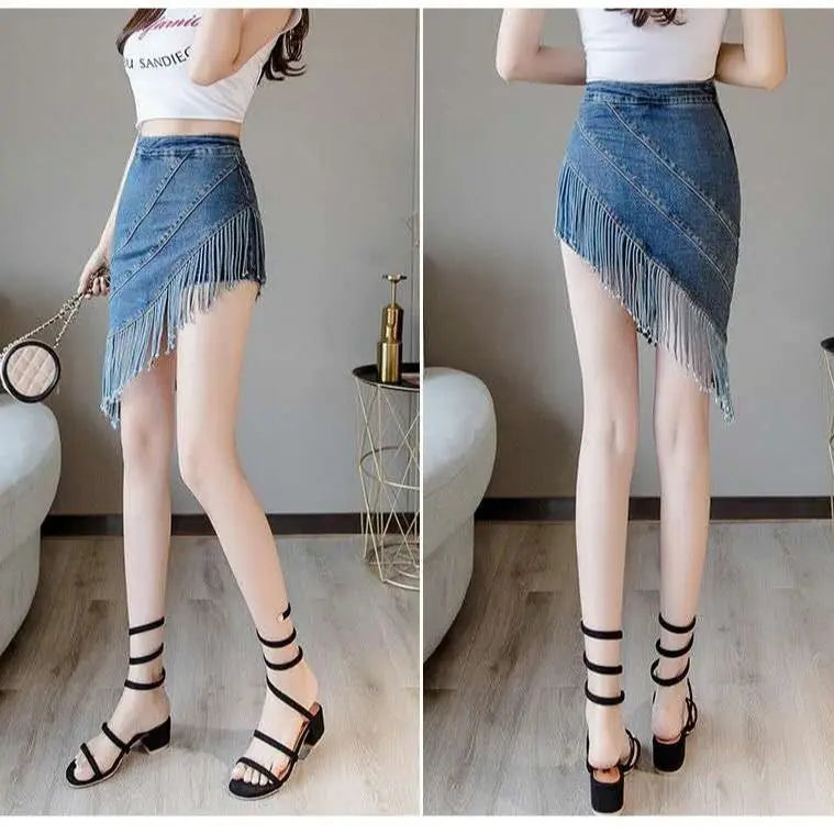 Women's High Waist Denim Skirt with Fringe Detail