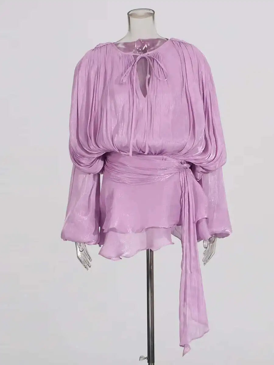 Women's V-Neck Mini Dress with Long Sleeves - A-Line Blouse Dress